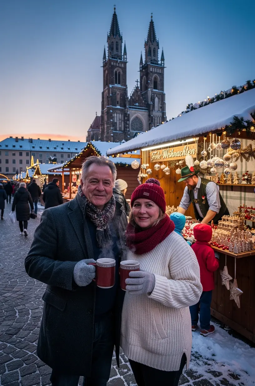 Panorama einer festlich geschmückten Innenstadt mit Weihnachtsmarktständen und Besuchern im Winter.